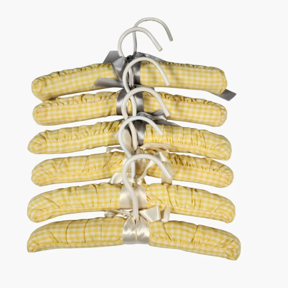 Baby Padded Hangers Set of 6 Yellow Gingham Satin Bow Accents Cottagecore